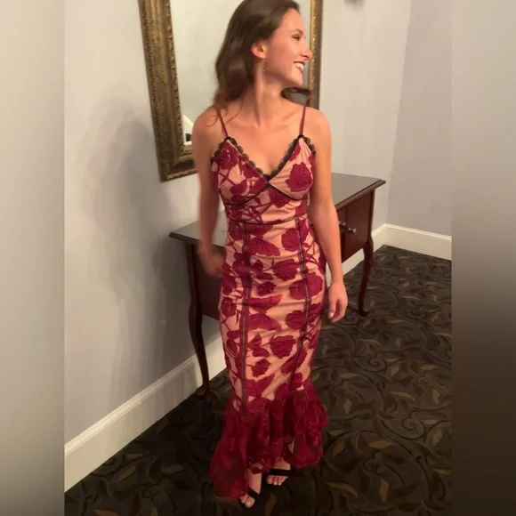 burgundy lace dress for wedding Burgundy Mermaid Queen Anne Long Formal Dress with Lace Long Sleeves